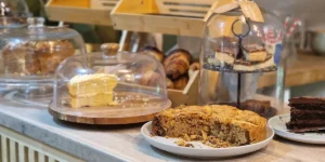 Cake selection at The Secret Garden Cafe in Dochester including Gluten-Free and Vegan Menu