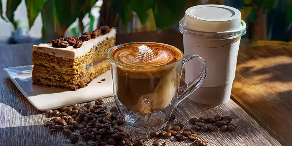 Freshly brewed coffee with latte art in a glass cup, a slice of coffee cake, and a takeaway cup at The Secret Garden Cafe, a coffee shop in Dorchester.