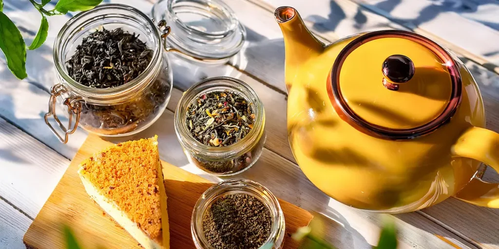 Loose-leaf tea jars, yellow teapot, and cake on a white wooden board representing The Secret Garden Cafe in Dorchester and their loose leaf tea selection